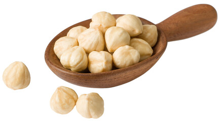 Hazelnuts in the wooden spoon, isolated on the white background.