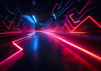 Abstract black background with glowing pink blue neon lines, geometric shapes, virtual space, in the ultraviolet spectrum, modern wallpaper. AI generated illustration in 3D design.