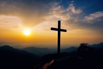 The cross of God in the rays of the sun. Cross on the hill. Religious concept