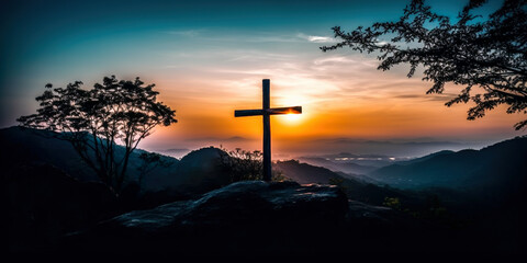 The cross of God in the rays of the sun. Cross on the hill. Religious concept