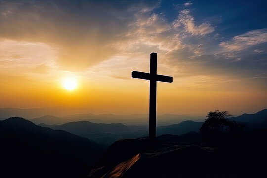 The cross of God in the rays of the sun. Cross on the hill. Religious concept