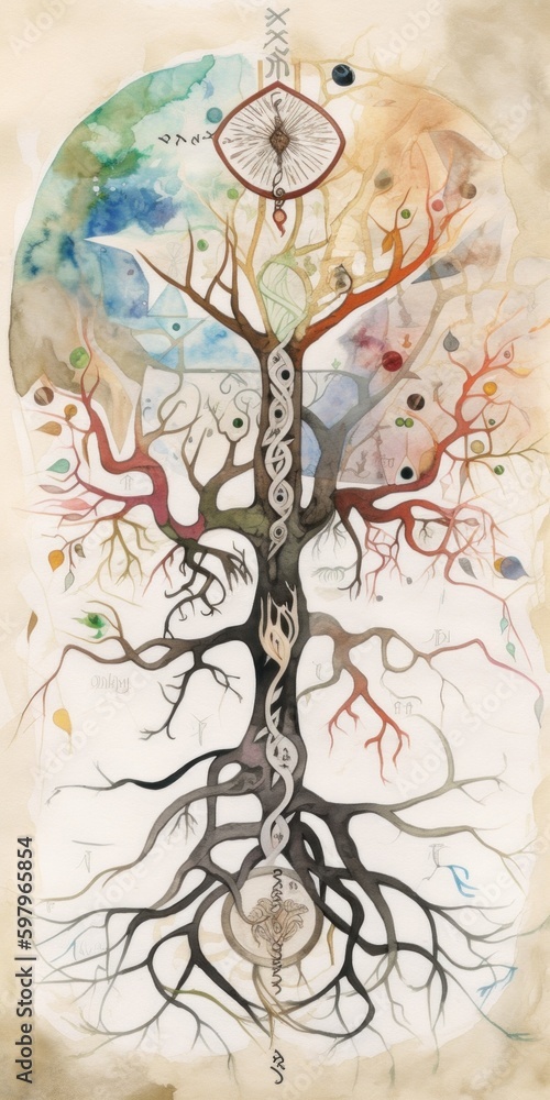 Poster a painting of a tree with a clock on it. ai generative image.