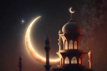 Crescent moon sky on dark blue dusk over Islamic mosque silhouette