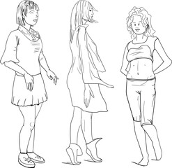 Three girls stand in different poses. One of them is blown by the wind, the other woman cunningly hides her hands behind her back.