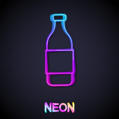 Glowing neon line Bottle of wine icon isolated on black background. Vector