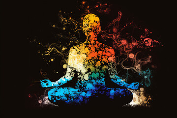 spirituality and chakra concept, silhouette of person meditating, vibrant colors created with Generative AI