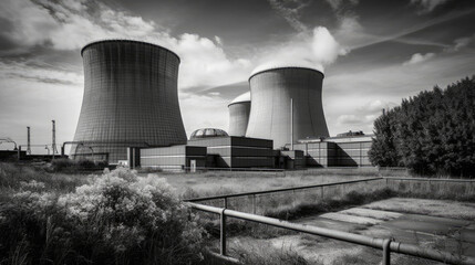 Nuclear power plant with dusk landscape. Generative AI