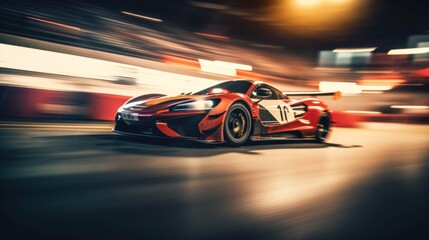 Obraz na płótnie Canvas A red sports car driving on a race track. AI generative image.