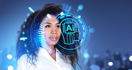 African woman in city, AI interface