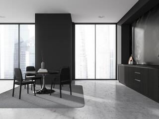 Gray and marble kitchen interior with table, side view