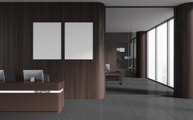 Dark wooden office hall with reception and posters