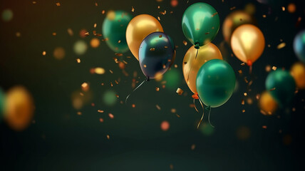 A romantic illustration of message for Party, Golden, green balloons and confetti, abstract love creations. Blurry background, template, Bokeh, Generative AI