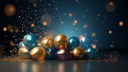 Obraz na płótnie Canvas Illustration of Party, Golden Blue metallic balloons and confetti, abstract party creations. New Years Eve Celebrating, Luxurious and elegance, Blurry background, template, Bokeh, Generative AI