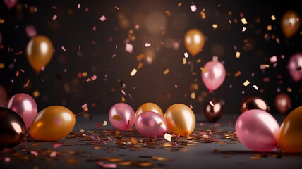 Obraz na płótnie Canvas Illustration of Party, Golden Pink metallic balloons and confetti, abstract party creations. New Years Eve Celebrating, Luxurious and elegance, Blurry background, template, Bokeh, Generative AI