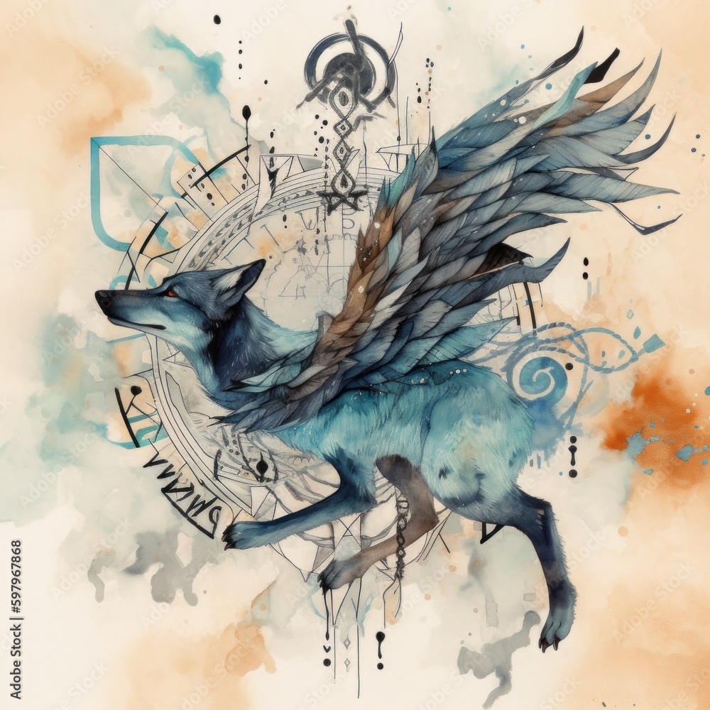 Poster a watercolor painting of a bird with a clock in the background. ai generative image.