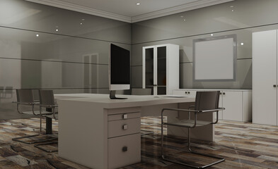 Open space office interior with like conference room. Mockup. 3D rendering.. Mockup.   Empty paintings