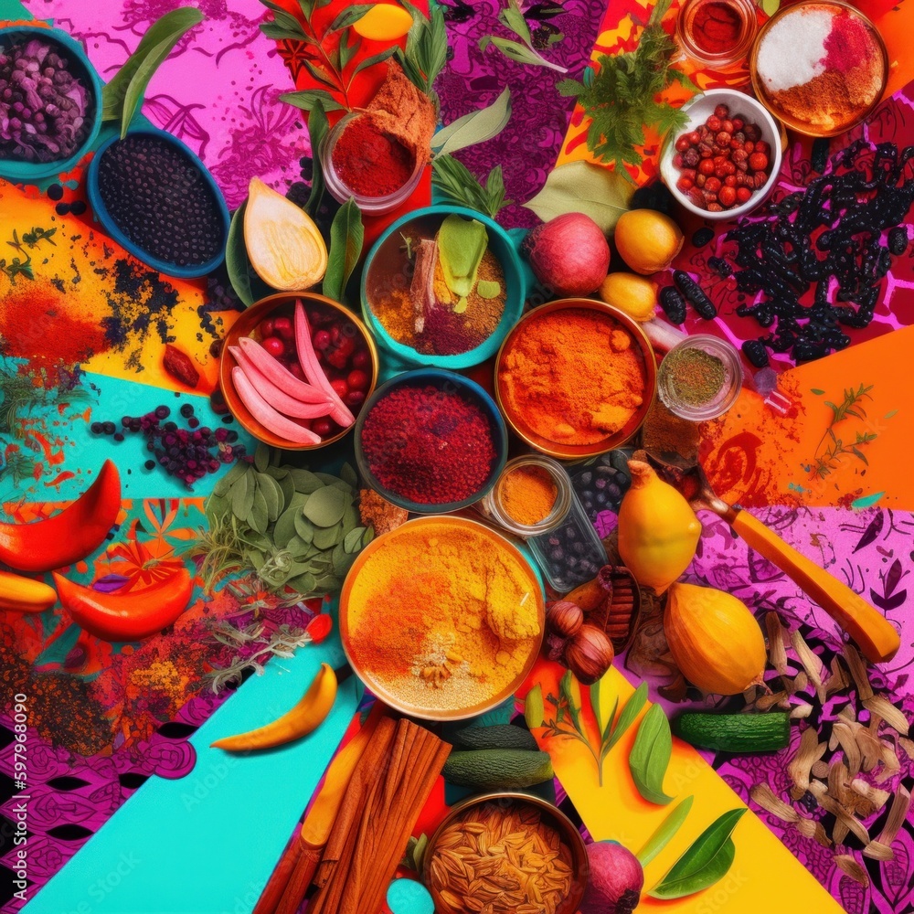 Poster a colorful table with bowls of food on it. ai generative image.