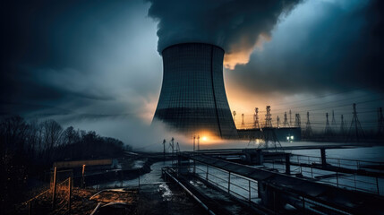 Fototapeta na wymiar Nuclear power plant with dusk landscape. Generative AI