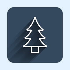 White line Tree icon isolated with long shadow background. Forest symbol. Blue square button. Vector