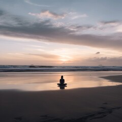 Naklejka na ściany i meble A person sitting on a surfboard on a beach. AI generative image.