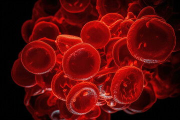 Close-up of red blood cells, dark background. Created using Generative AI technology.