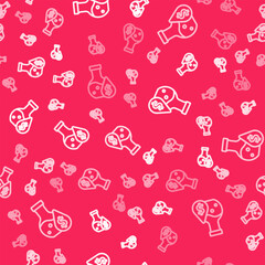 White line Oil petrol test tube icon isolated seamless pattern on red background. Cmemistry flask and falling drop. Vector