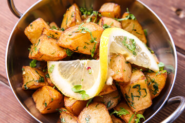 Batata Harra or lebanese spicy potatoes with lemon served in dish isolated on background top view...