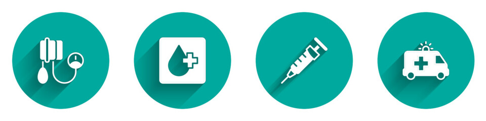 Set Blood pressure, test, Syringe and Ambulance car icon with long shadow. Vector