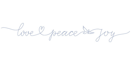 Love, Peace, Joy. Typography image with lettering. Bible, religious vector fun quote. Cursive one line alligraphy black color text on white background Vector word illustration.