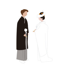和装の新郎新婦　花嫁花婿　　白無垢　角隠し　横向き　白背景　のイラスト