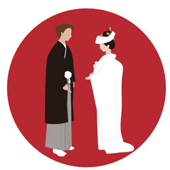 和装の新郎新婦　花嫁花婿（家紋なし）　　白無垢　角隠し　横向き　のイラスト