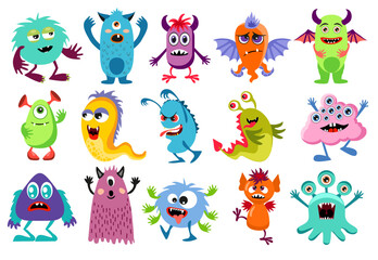 Fototapeta premium funny monsters set. Cute cartoon creatures on white background. Texture for kids apparel, fabric, textile, wrapping. Vector illustration