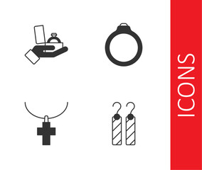 Set Earrings, Diamond engagement box, Christian cross chain and icon. Vector