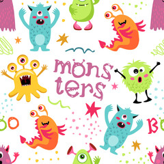 Naklejka premium Seamless pattern with funny monsters. Cute cartoon creatures on white background. Texture for kids apparel, fabric, textile, wrapping. Vector illustration