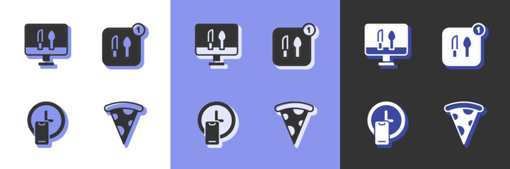 Set Slice of pizza, Online ordering food, Round the clock delivery and Food icon. Vector