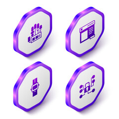 Set Isometric Mechanical robot hand, Browser window, Wrist watch and Cyber security icon. Purple hexagon button. Vector