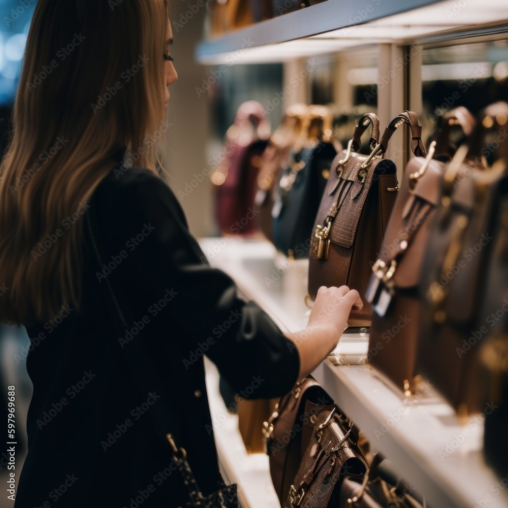 Poster a woman looking at purses on display in a store. ai generative image.