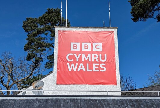 The BBC Sign At The Agricultural Showgrounds In Builth Wells, Powys, Wales, UK.