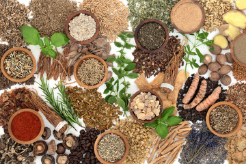 Natural nervine alternative health food. Herbal medicine collection to calm or stimulate the...