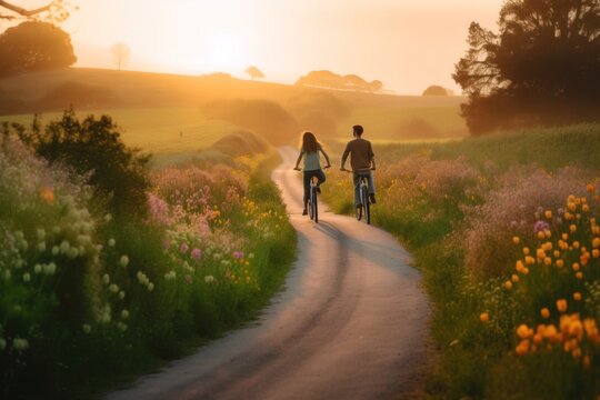 Two people riding bikes down a dirt road. AI generative image.