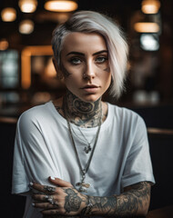 Young woman with tattoos at a cafe. Generative AI - obrazy, fototapety, plakaty