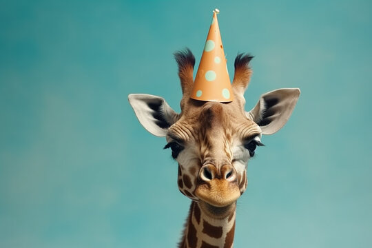 Giraffe portrait with a birthday hat on blue background. Generative ai. 