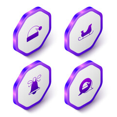 Set Isometric Christmas Santa Claus hat, santa claus sleigh, ringing bell and icon. Purple hexagon button. Vector