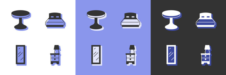 Set Furniture nightstand with lamp, Round table, Big full length mirror and bed icon. Vector