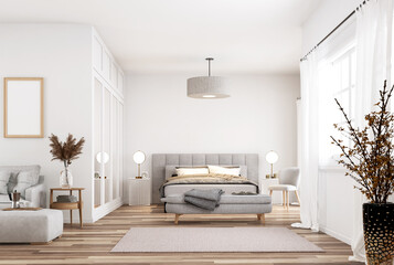Modern style white bedroom and living room3d render The room has a parquet floor decorated with light gray fabric furniture and translucent white curtains, natural light comes through the room.