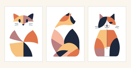Set of 3 Calico cat wall art vector. Colorful minimalist cat portraits with vibrant colors.