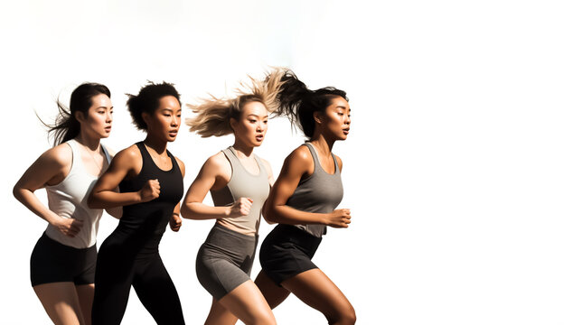 Group of fit Women in sportswear running,  Isolated on white background. Mixed Ethnicity, enjoying an active and healthy lifestyle, shallow depth of field, Illustrative Generative AI. Not real people.