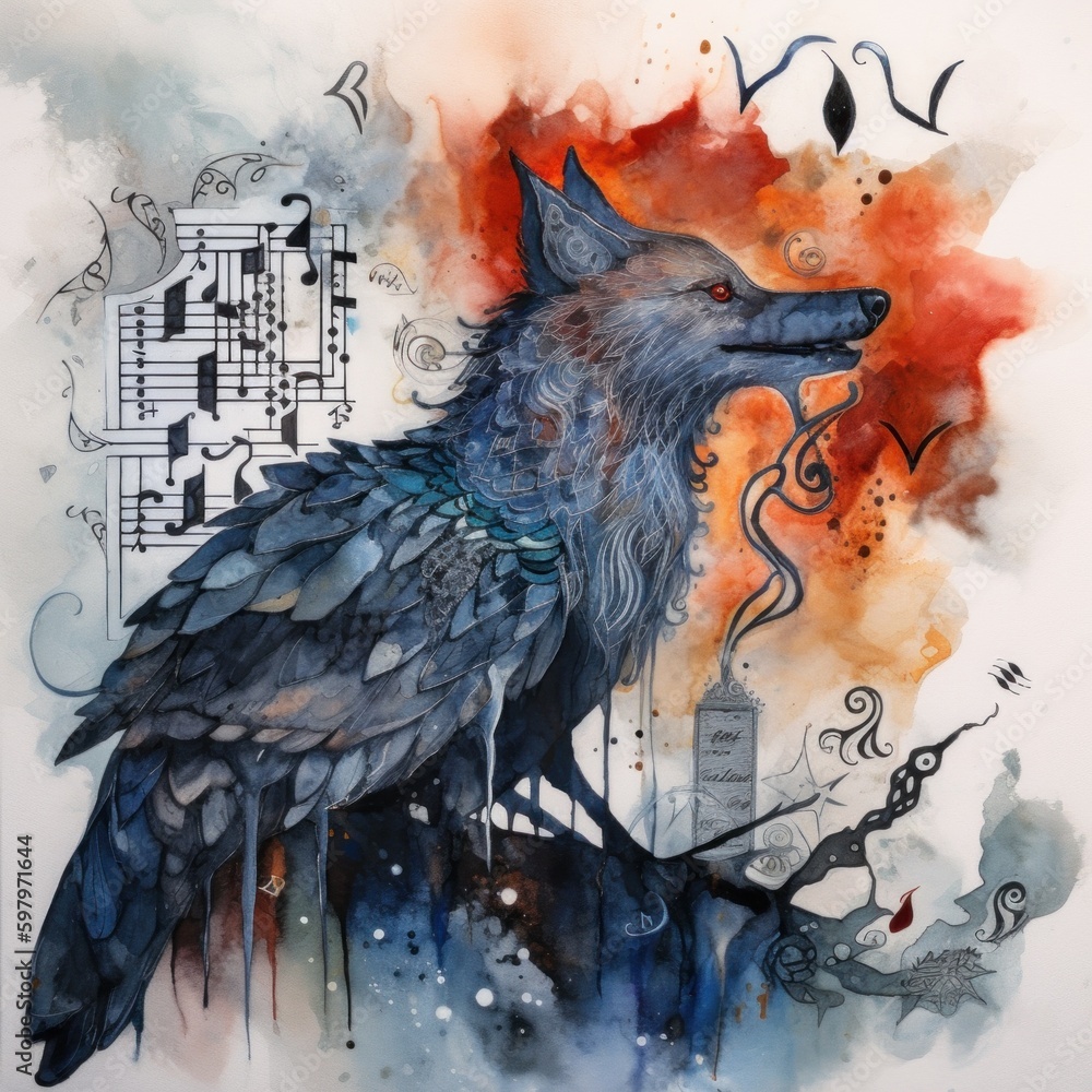 Poster a painting of a bird sitting on top of a tree. ai generative image.