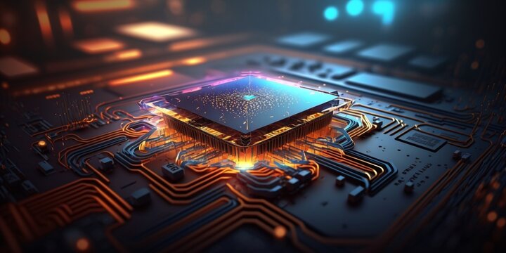 futuristic high-tech cpu, colorful abstract circuit board design, metallic shiny science fiction supercomputer design, generative ai