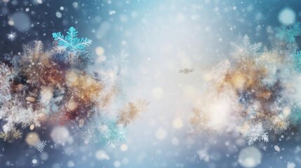 Fototapeta na wymiar Abstract beautiful Christmas background with shiny snowflakes and bokeh. Fantasy winter backdrop with copy space. AI generative image.